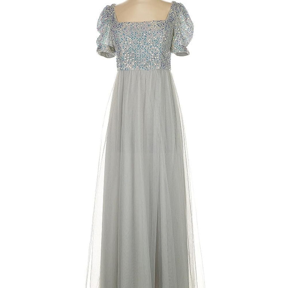 EVER PRETTY Gray Formal Maxi Dress with Sequined Bodice And Puff Sleeves